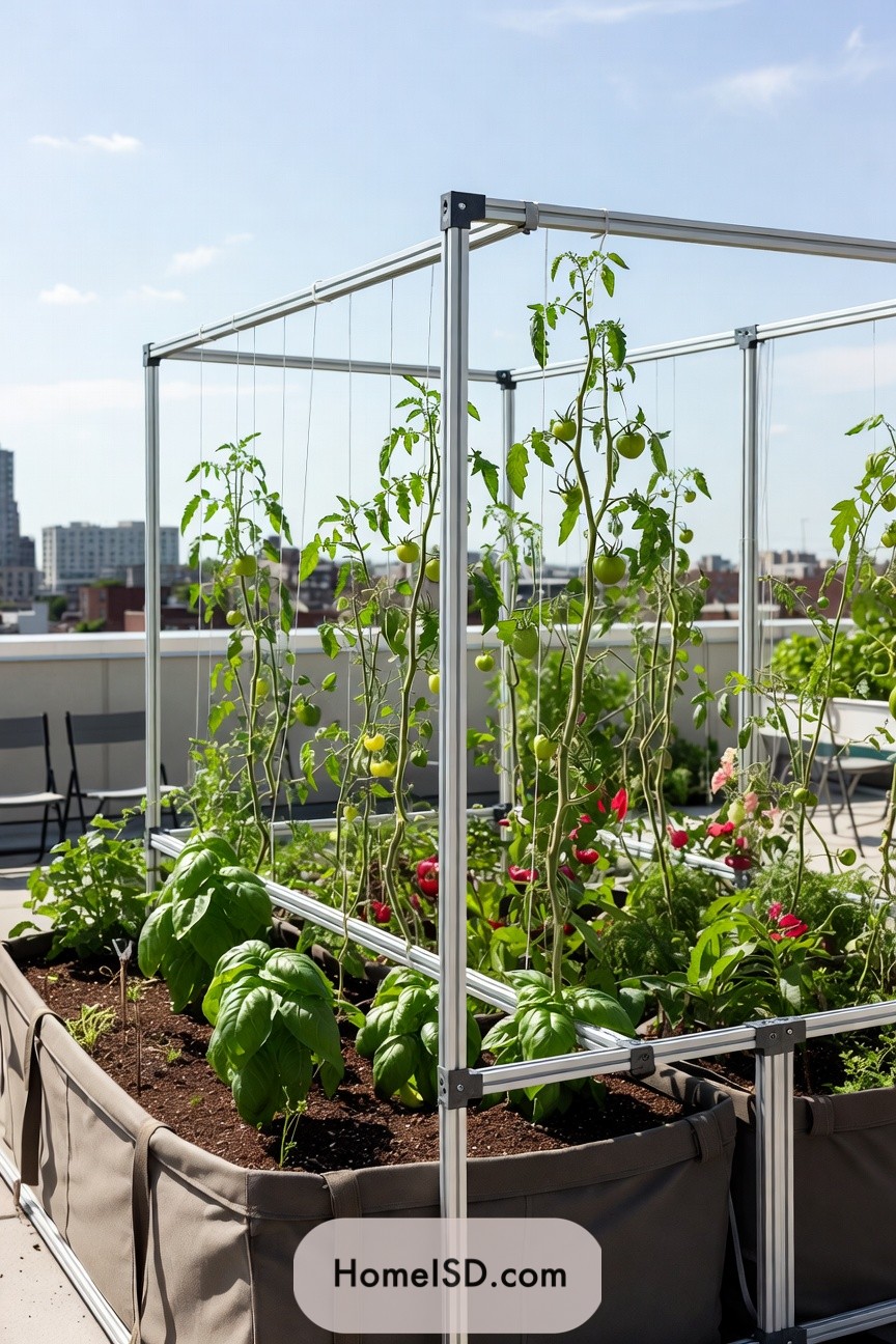 Rooftop raised bed with aluminum trellis framing tall tomato vines against a city skyline